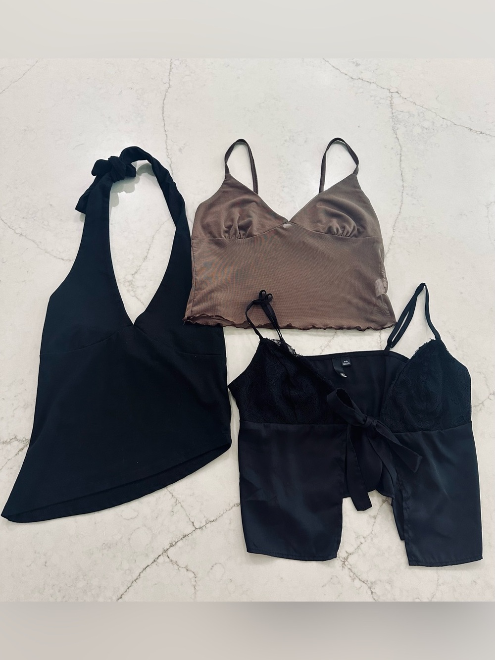 COUNTRY FESTIVAL BUNDLE!! Black Halter, Lace-Trim Cami with Brown Satin Bralette